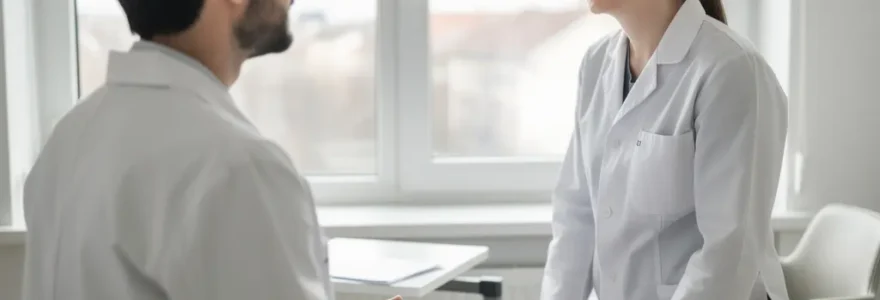 Patient discutant avec chirurgien orthopédiste lors d'une consultation spécialisée du genou