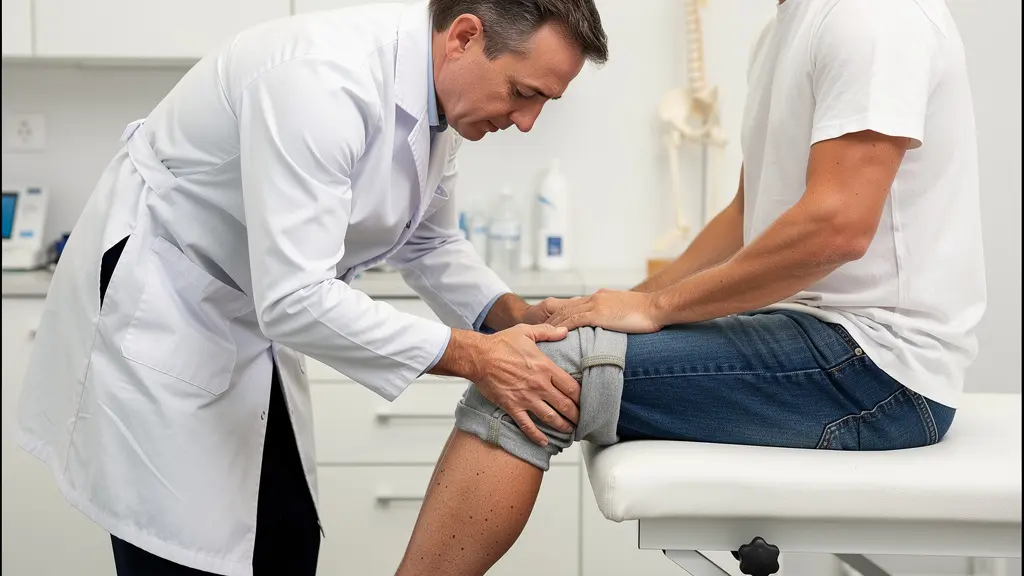 Chirurgien orthopédiste examinant le genou d'un patient en cabinet médical