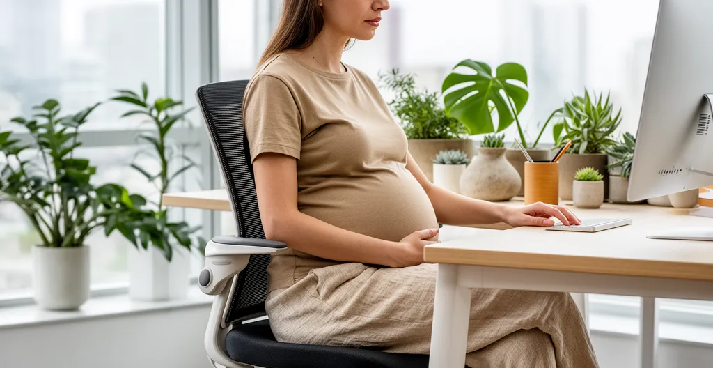 Femme enceinte assise à son bureau ressentant la fatigue dans les jambes