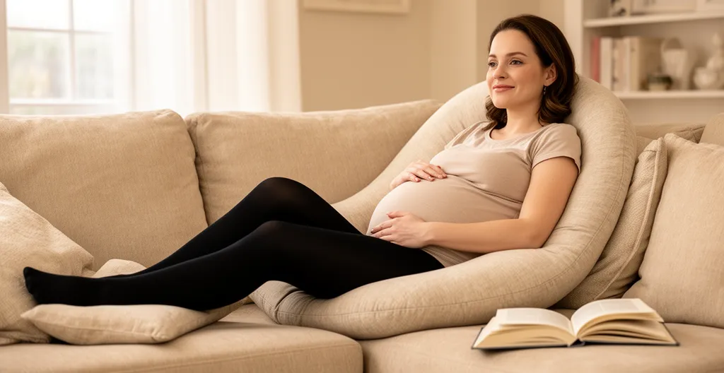 Femme enceinte se reposant confortablement sur un canapé portant des bas de compression élégants
