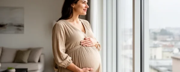 Femme enceinte détendue dans son salon lumineux portant une tenue confortable