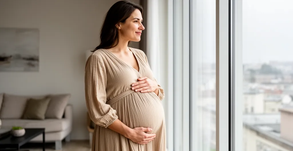 Femme enceinte détendue dans son salon lumineux portant une tenue confortable