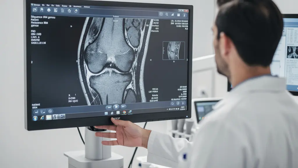 Écran médical affichant IRM du genou lors d'un diagnostic spécialisé
