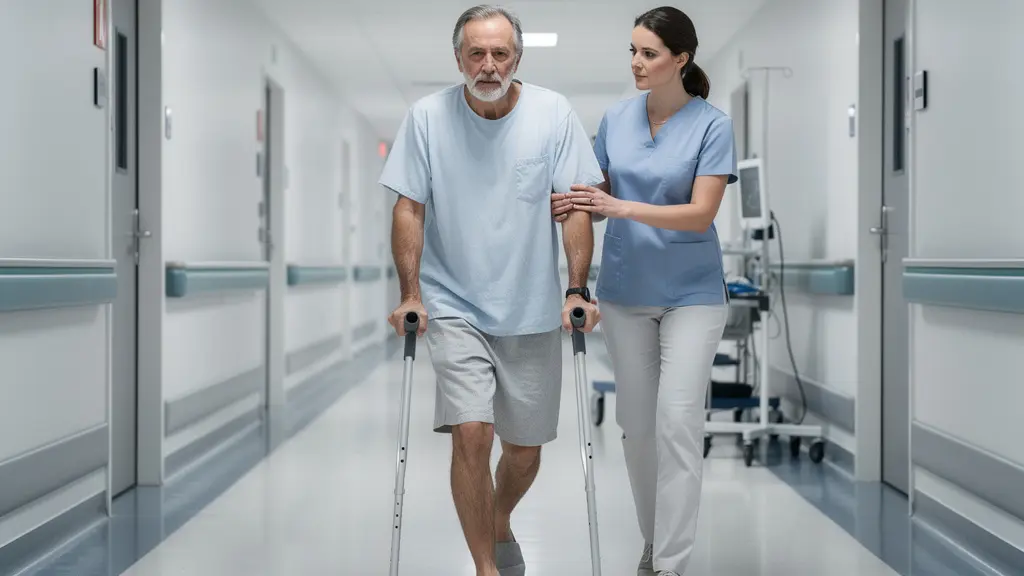 Patient en rééducation du genou avec kinésithérapeute dans couloir hospitalier