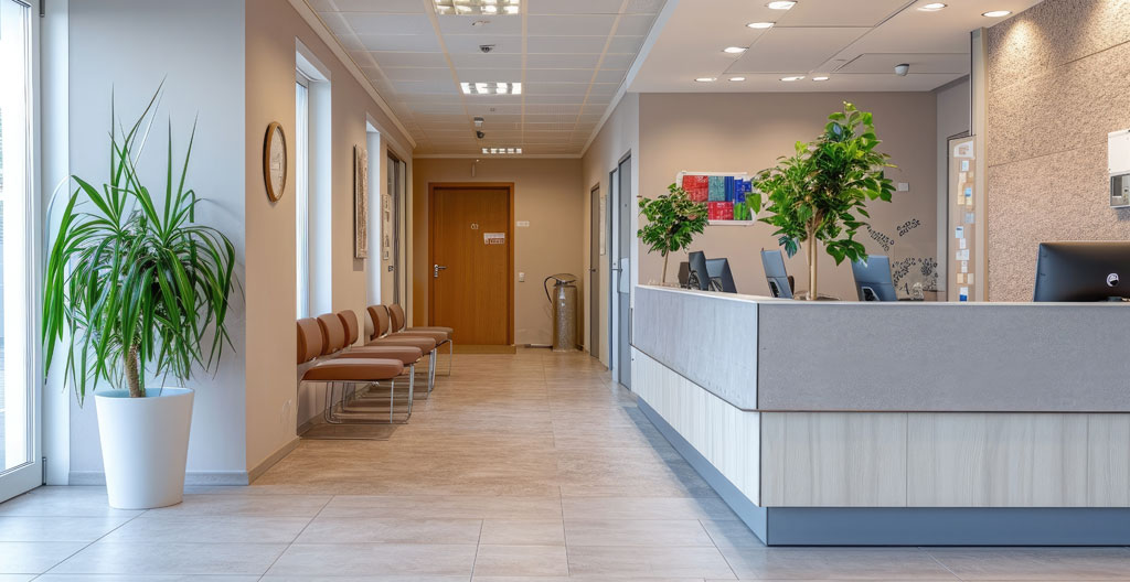 Salle d'attente moderne et lumineuse d'une clinique privée parisienne avec architecture épurée